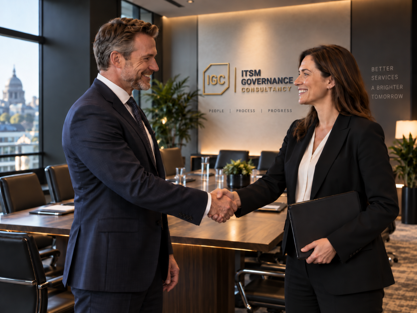 Handschlag nach einer erfolgreichen Besprechung, im Hintergrund unscharf ein Besprechungsraum mit dem Schriftzug ITSM Governance Consultancy an der Wand